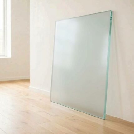 10mm acid etched frosted Matelux glass panel cut to size with polished edges, leaning against a white wall