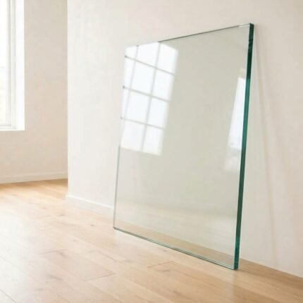 10mm clear float glass panel cut to size with polished edges, leaning against a white wall