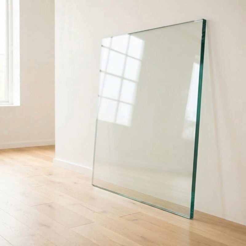 10mm clear float glass panel cut to size with polished edges, leaning against a white wall