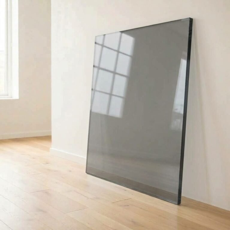 10mm grey tinted glass panel cut to size with polished edges, leaning against a white wall