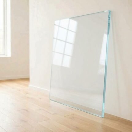 10mm low iron super clear glass panel cut to size with polished edges, leaning against a white wall