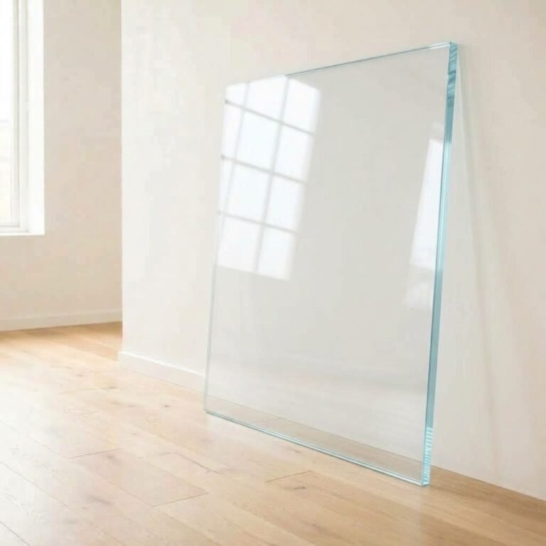 10mm low iron super clear glass panel cut to size with polished edges, leaning against a white wall
