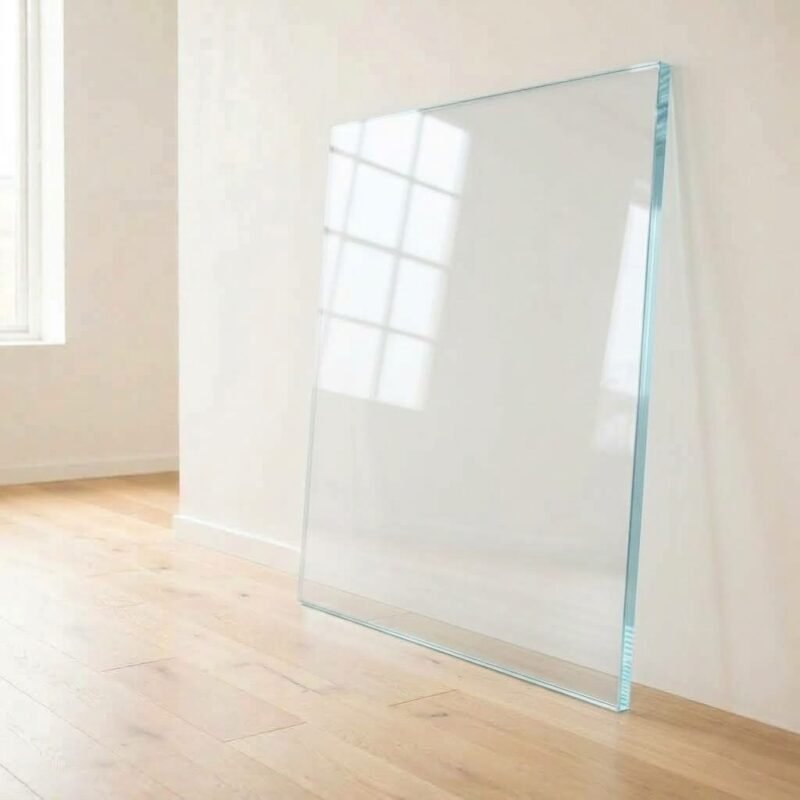 10mm low iron super clear glass panel cut to size with polished edges, leaning against a white wall