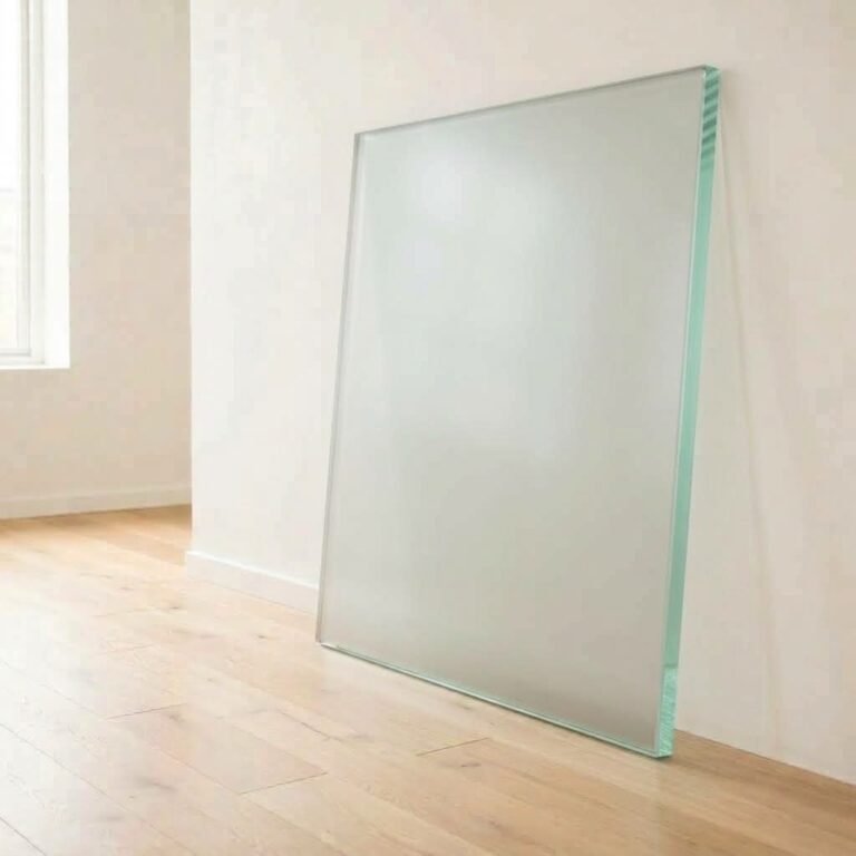 12mm acid etched frosted Matelux glass panel cut to size with polished edges, leaning against a white wall