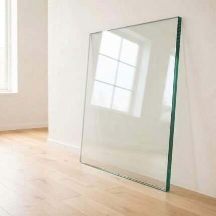 12mm clear float glass panel cut to size with polished edges, leaning against a white wall