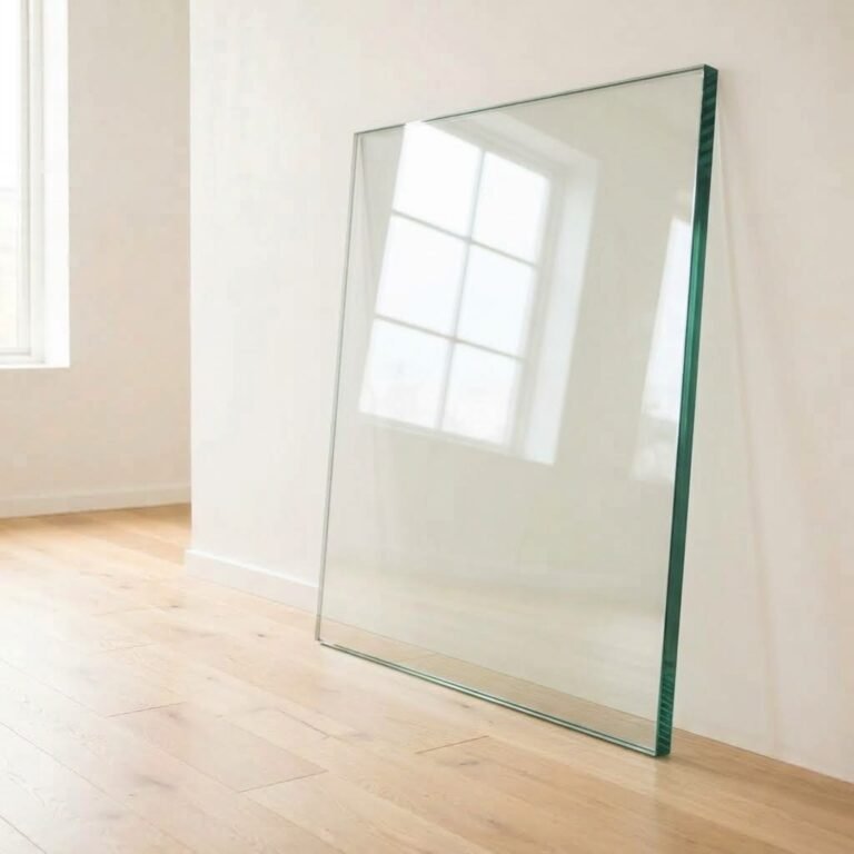 12mm clear float glass panel cut to size with polished edges, leaning against a white wall
