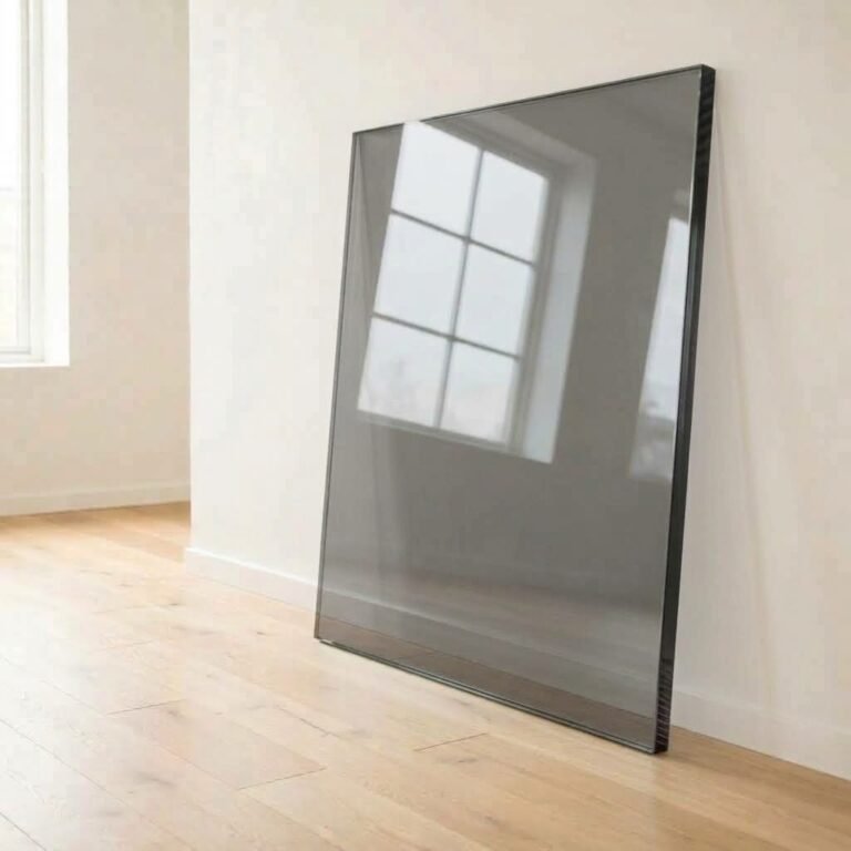 12mm grey tinted glass panel cut to size with polished edges, leaning against a white wall