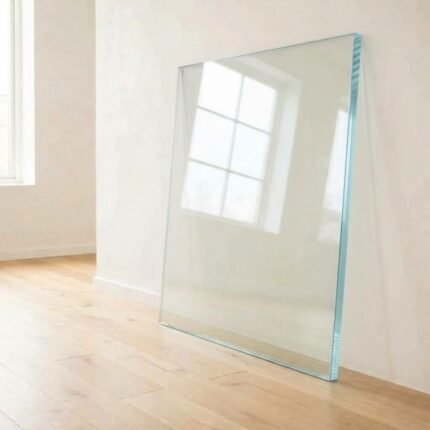 12mm low iron super clear glass panel cut to size with polished edges, leaning against a white wall
