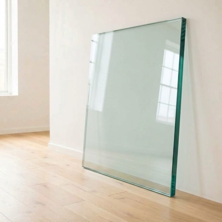 15mm clear float glass panel cut to size with polished edges, leaning against a white wall