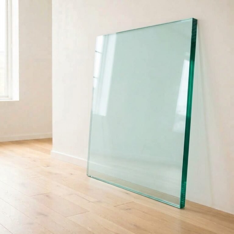 19mm clear float glass panel cut to size with polished edges, leaning against a white wall