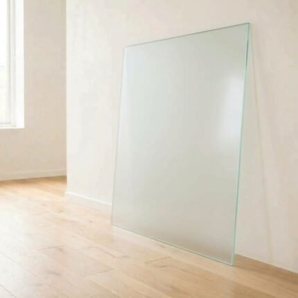 4mm acid etched frosted Matelux glass panel cut to size with polished edges, leaning against a white wall