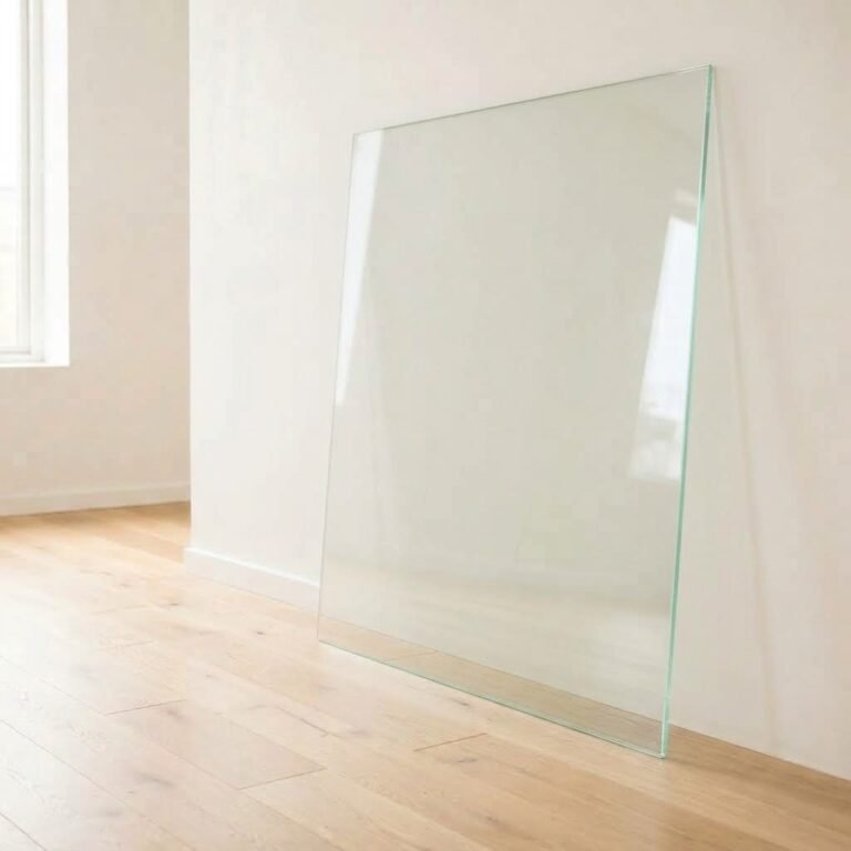 4mm clear float glass panel cut to size with polished edges, leaning against a white wall