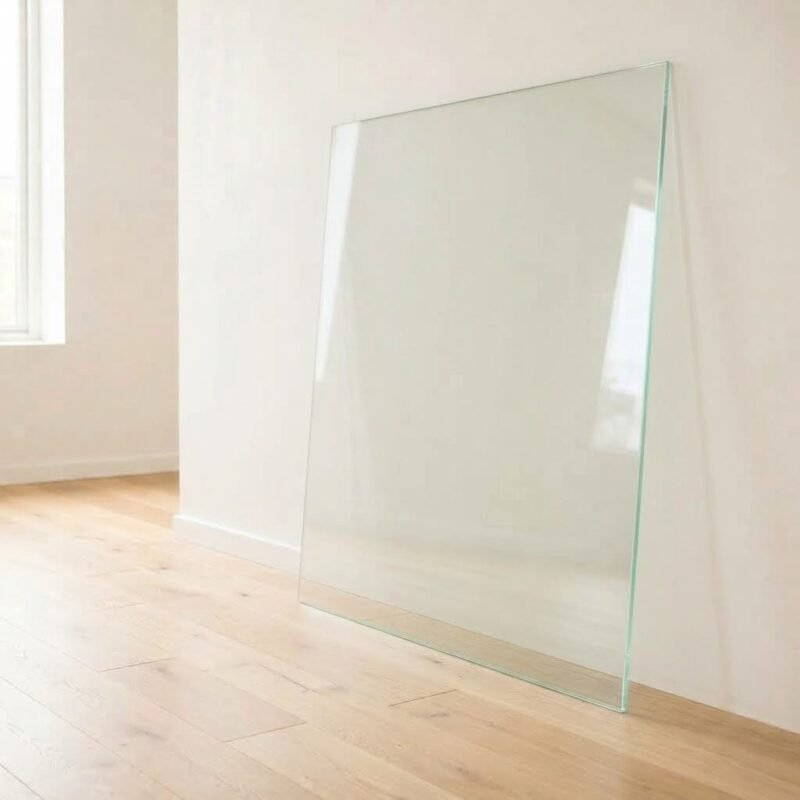 4mm clear float glass panel cut to size with polished edges, leaning against a white wall