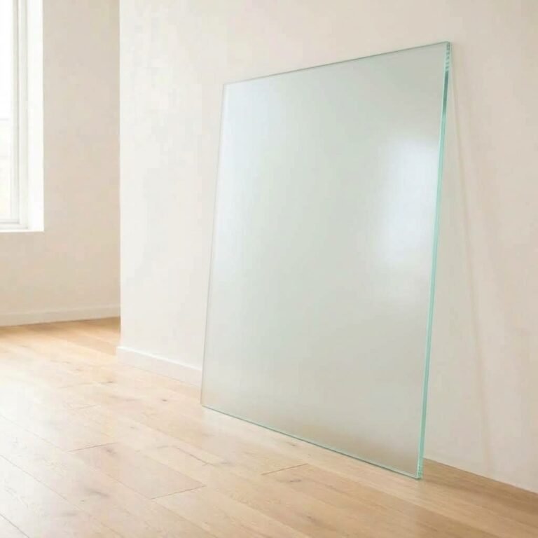 5mm acid etched frosted Matelux glass panel cut to size with polished edges, leaning against a white wall