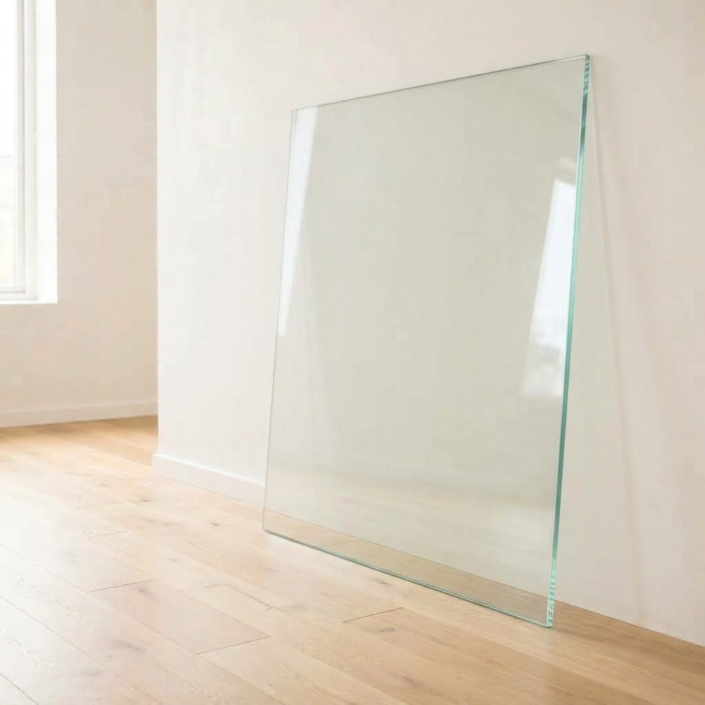 5mm 透明浮法玻璃板 5mm clear float glass panel cut to size with polished edges, leaning against a white wall