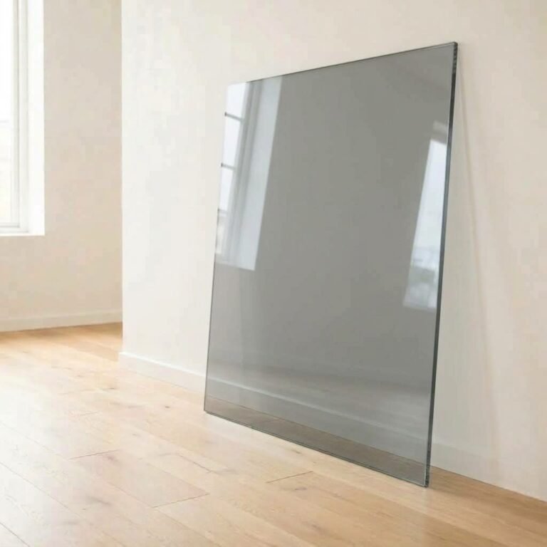 5mm grey tinted glass panel cut to size with polished edges, leaning against a white wall