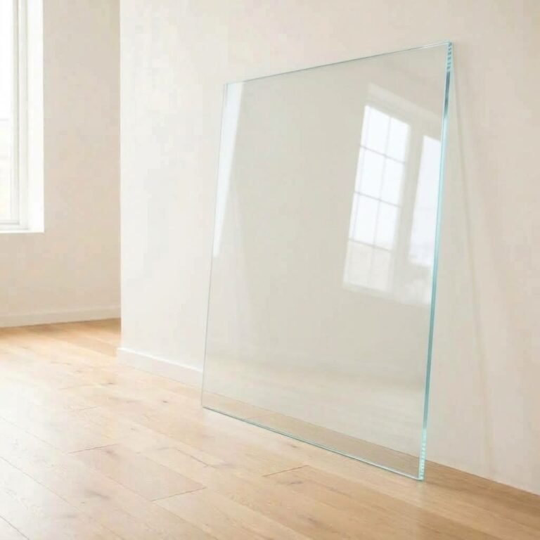 5mm low iron super clear glass panel cut to size with polished edges, leaning against a white wall