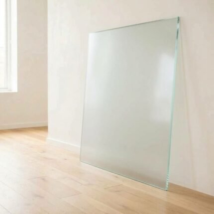 6mm acid etched frosted Matelux glass panel cut to size with polished edges, leaning against a white wall