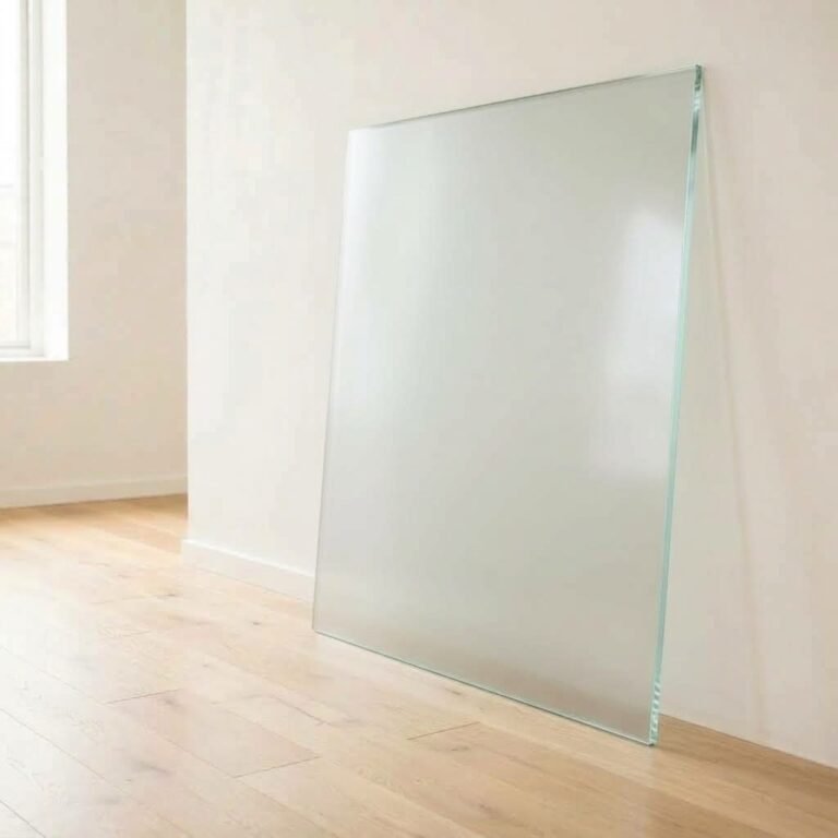 6mm acid etched frosted Matelux glass panel cut to size with polished edges, leaning against a white wall