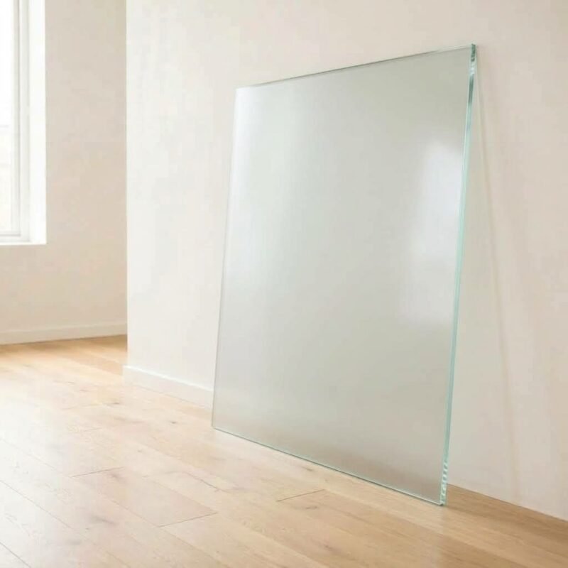 6mm acid etched frosted Matelux glass panel cut to size with polished edges, leaning against a white wall