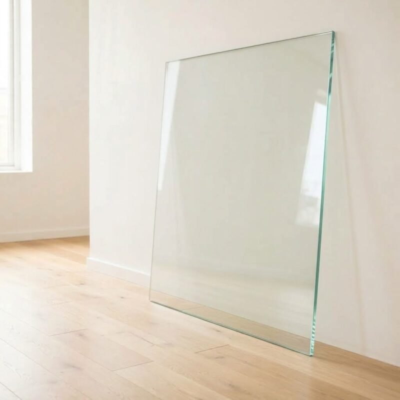6mm clear float glass panel cut to size with polished edges, leaning against a white wall