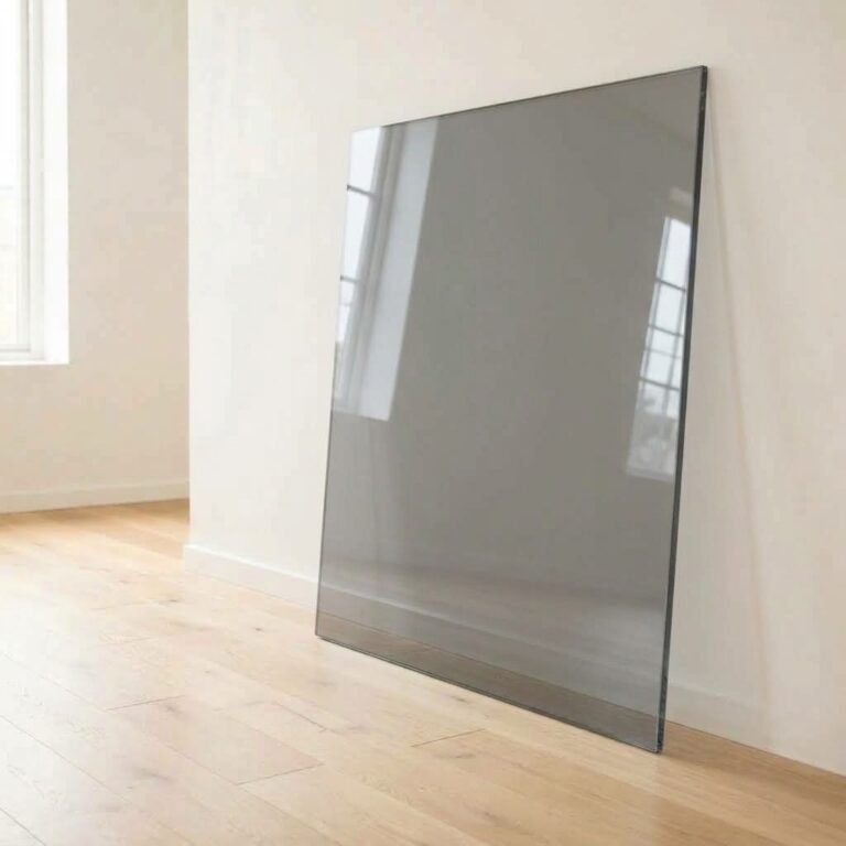 6mm grey tinted glass panel cut to size with polished edges, leaning against a white wall