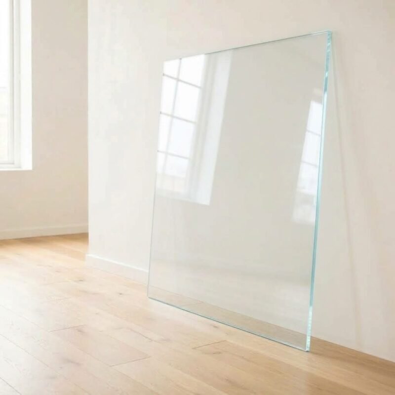 6mm low iron super clear glass panel cut to size with polished edges, leaning against a white wall