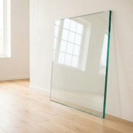 8mm clear float glass panel cut to size with polished edges, leaning against a white wall
