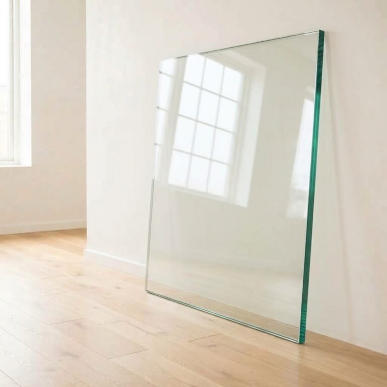 8mm clear float glass panel cut to size with polished edges, leaning against a white wall