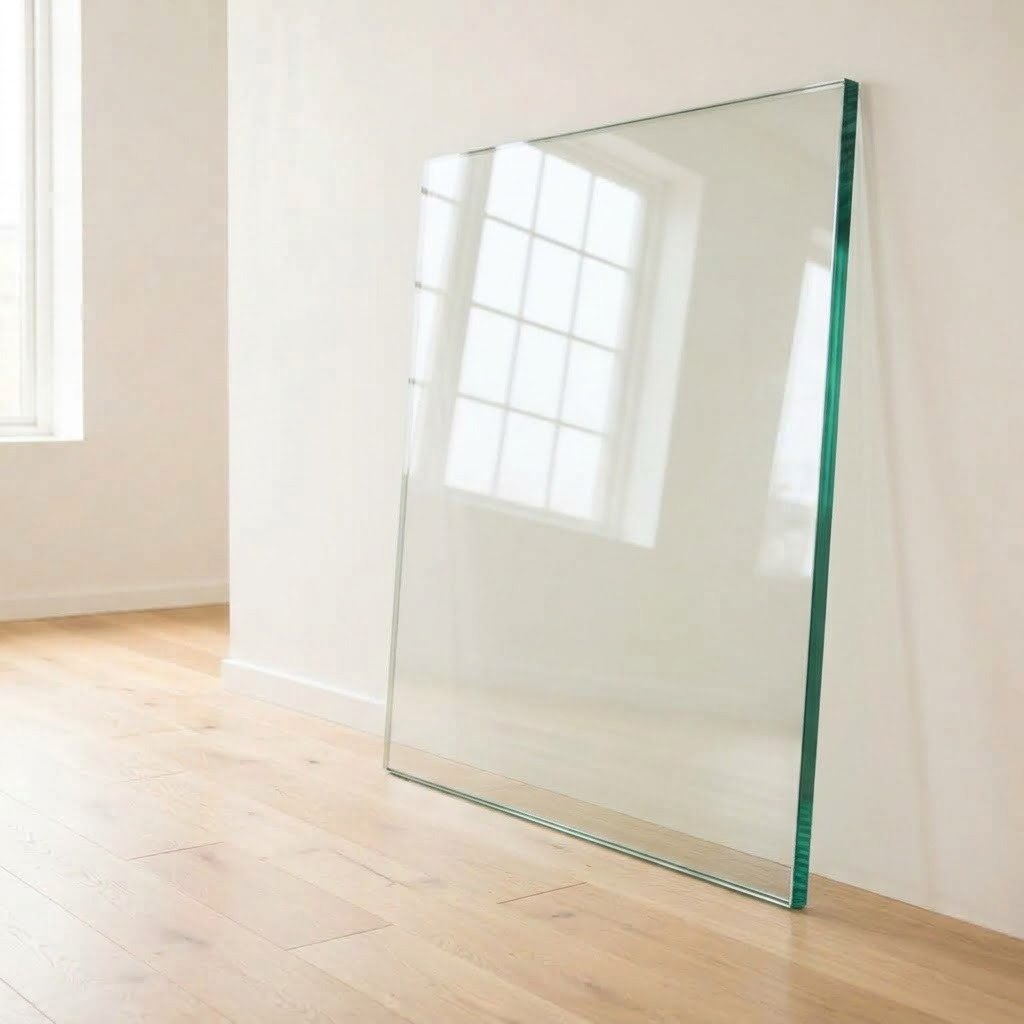 8mm 透明浮法玻璃板 8mm clear float glass panel cut to size with polished edges, leaning against a white wall