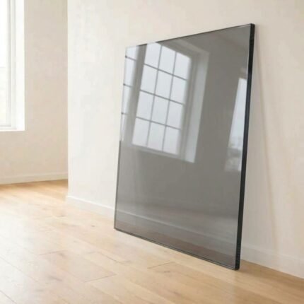 8mm grey tinted glass panel cut to size with polished edges, leaning against a white wall