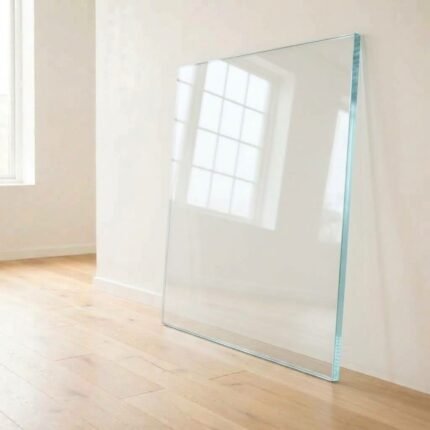 8mm low iron super clear glass panel cut to size with polished edges, leaning against a white wall