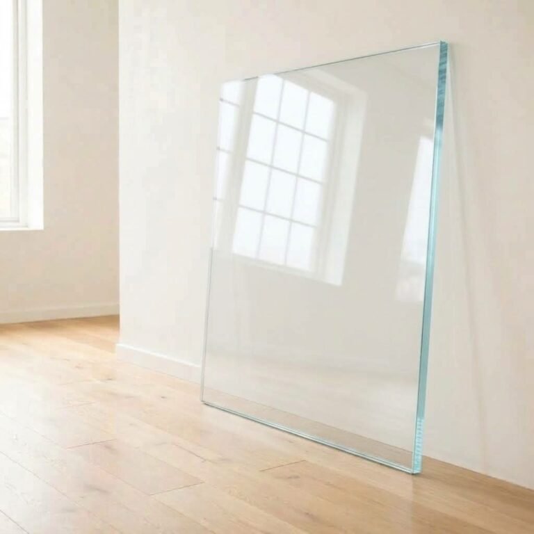8mm low iron super clear glass panel cut to size with polished edges, leaning against a white wall