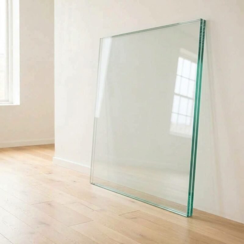 Custom laminated glass panel made from two clear glass panes bonded with an interlayer, leaning against a white wall