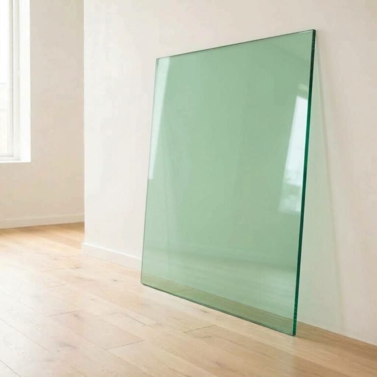 6mm green tinted glass panel cut to size with polished edges, leaning against a white wall