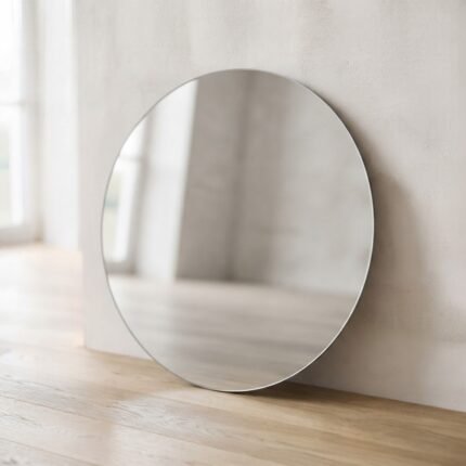 Round frameless silver mirror with polished edge