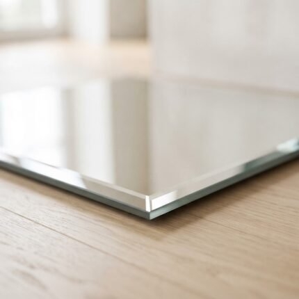 Silver mirror with bevelled edge, close-up of the corner