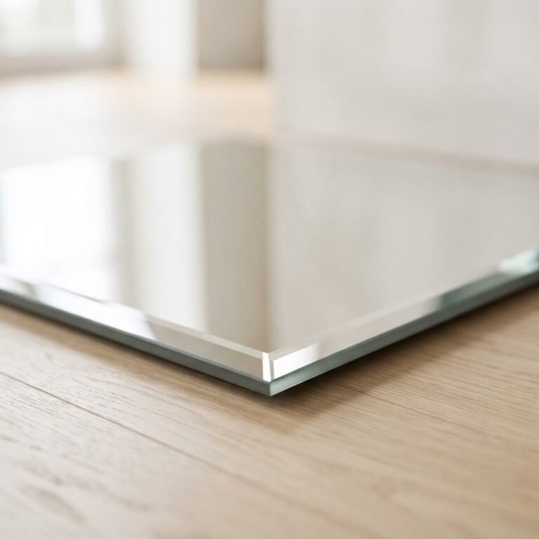 Silver mirror with bevelled edge, close-up of the corner