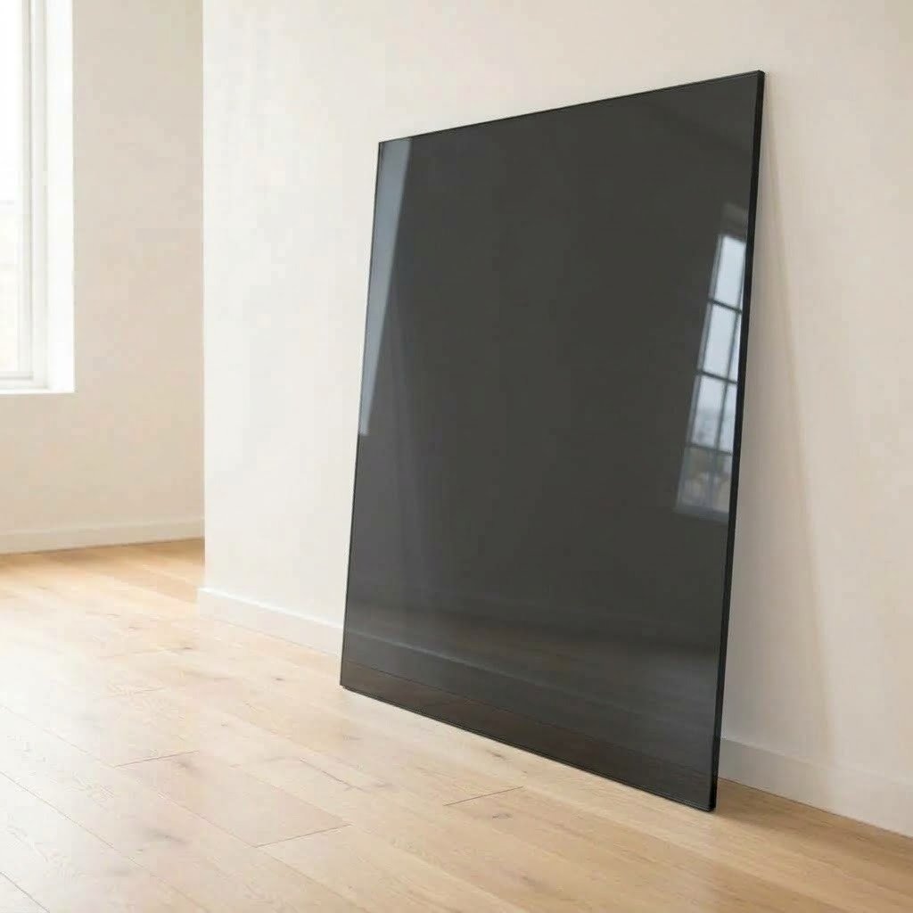 6mm 深灰着色玻璃 6mm super grey dark tinted glass panel cut to size with polished edges, leaning against a white wall