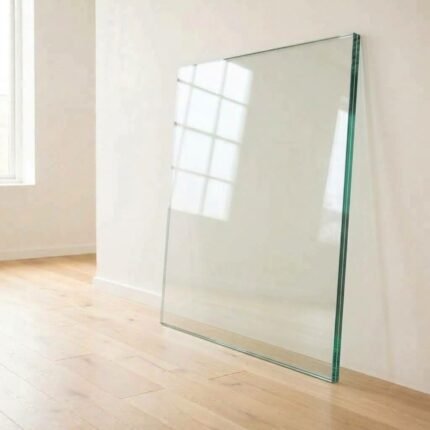 10.38mm clear laminated safety glass panel cut to size, showing the interlayer at the polished edge, leaning against a white wall