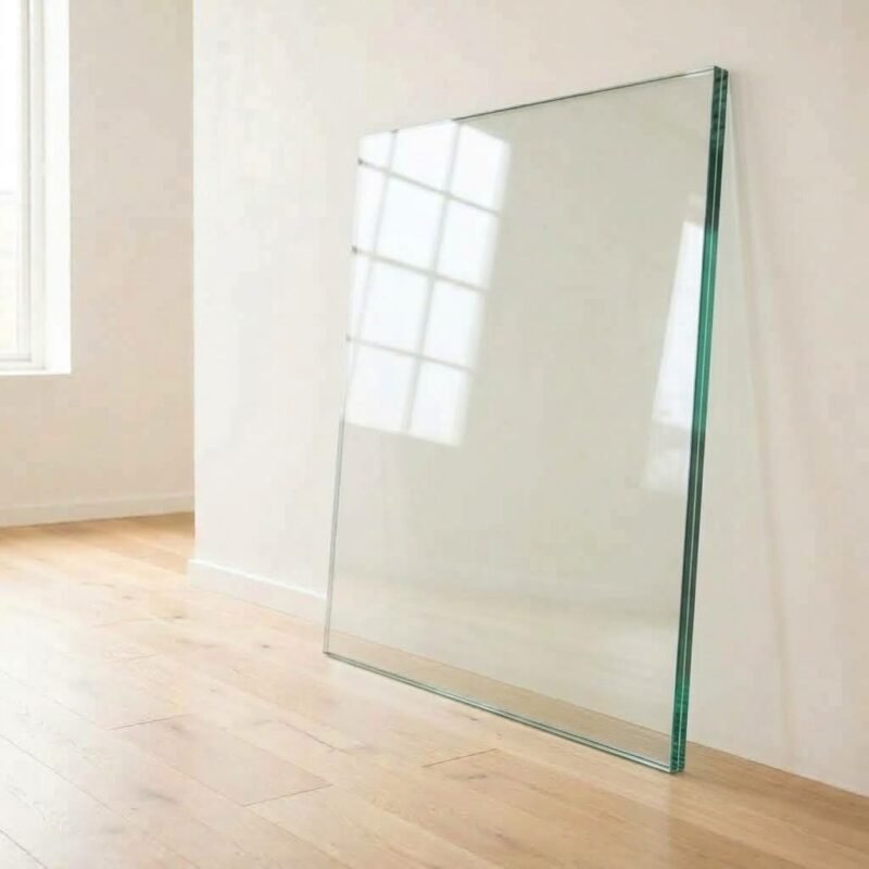 10.38mm clear laminated safety glass panel cut to size, showing the interlayer at the polished edge, leaning against a white wall