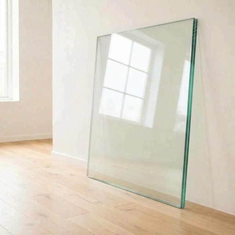 12.38mm clear laminated safety glass panel cut to size, showing the interlayer at the polished edge, leaning against a white wall