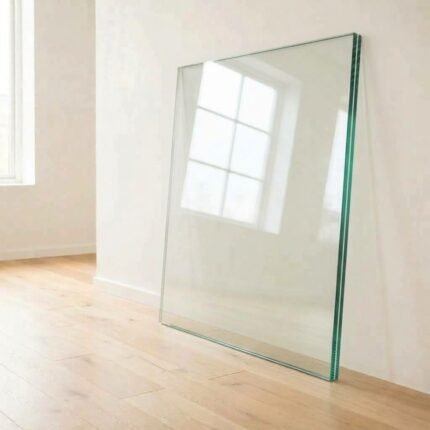 13.52mm toughened laminated clear glass panel cut to size, showing the interlayer at the polished edge, leaning against a white wall