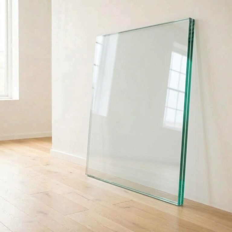 17.52mm toughened laminated clear glass panel cut to size, showing the interlayer at the polished edge, leaning against a white wall
