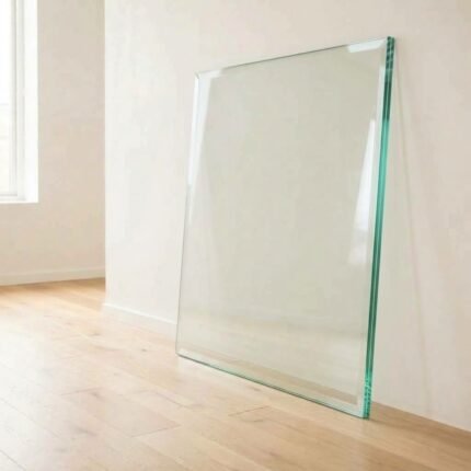 6.38mm clear laminated safety glass panel cut to size, showing the interlayer at the polished edge, leaning against a white wall