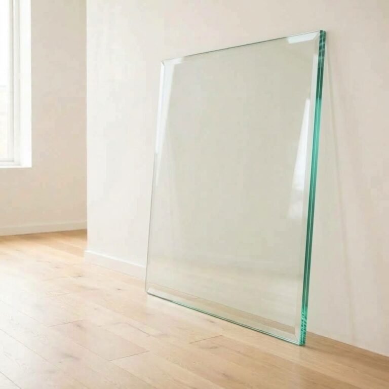 6.38mm clear laminated safety glass panel cut to size, showing the interlayer at the polished edge, leaning against a white wall