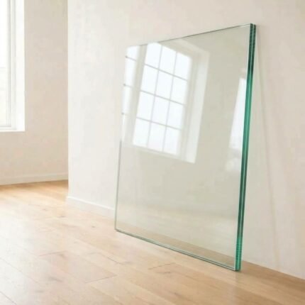8.38mm clear laminated safety glass panel cut to size, showing the interlayer at the polished edge, leaning against a white wall