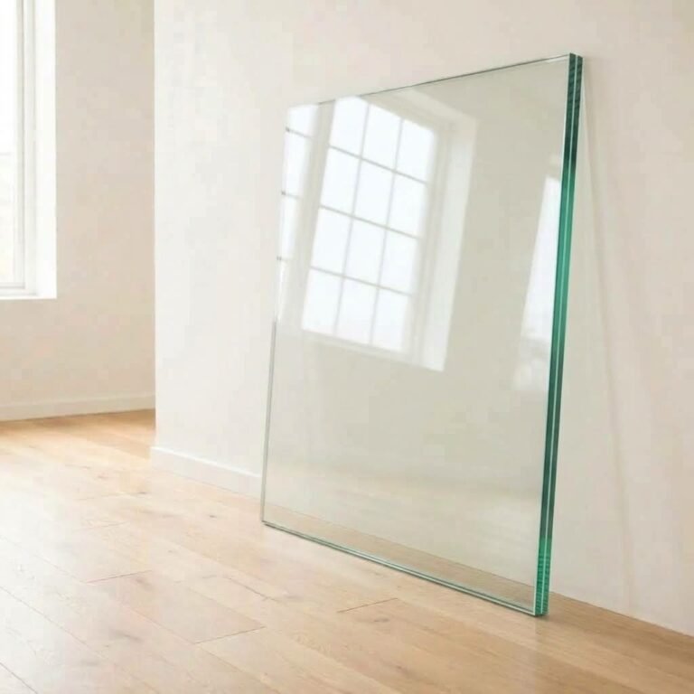 8.38mm clear laminated safety glass panel cut to size, showing the interlayer at the polished edge, leaning against a white wall