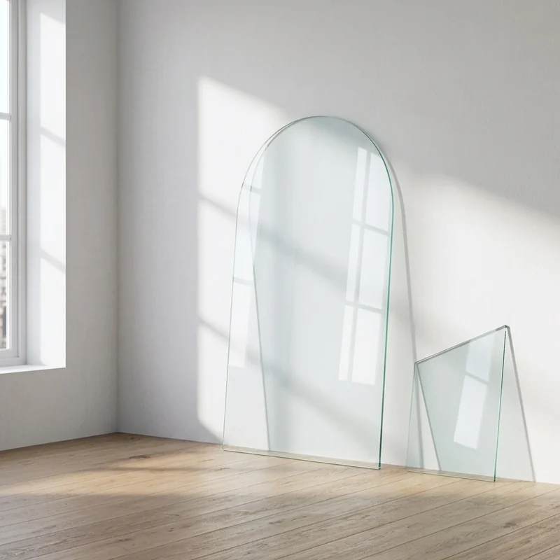 Arched clear glass panel and a sloped-top glass panel leaning against a white wall