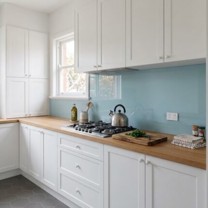 Painted glass kitchen splashback in duck-egg blue behind a gas cooktop